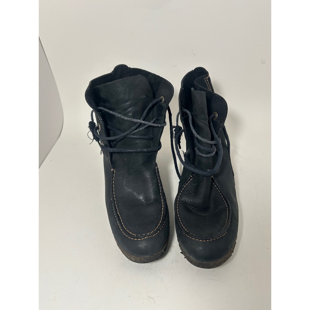 Timberland Black Leather Wedge Ankle Boots Moc Toe Lace Up 80367 Womens 9M